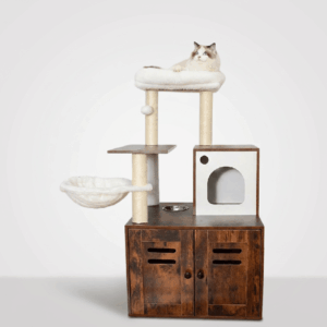 All-in-one cat tower with storage cabinet in dark walnut wood, featuring sisal scratching posts, top plush perch, hanging hammock, arched condo doorway, and a Ragdoll cat resting on top on a white background