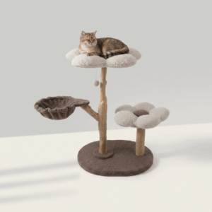 Floral cat tree with natural fruit wood posts, two flower-shaped plush perches, side hammock, sisal scratching sections, and a tabby cat resting on the top perch