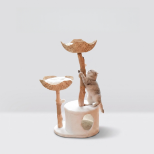 Modern woven cat tree with natural fruit wood branches, two rattan rest baskets with white plush cushions, sisal scratching posts, and a plush hideaway base, with a cream cat climbing on top