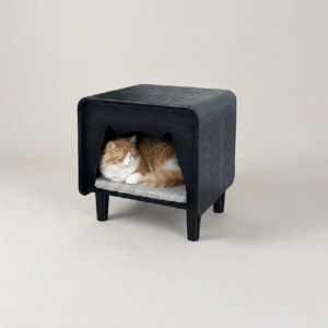 Black cat nest nightstand with cat-ear entry cutout, tapered legs, and gray cushion, featuring a ginger and white cat resting inside on a white background