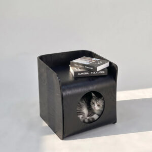 Black cat house side table with circular entry cutout, open top shelf with stacked books, and a grey tabby cat resting inside on a light grey background
