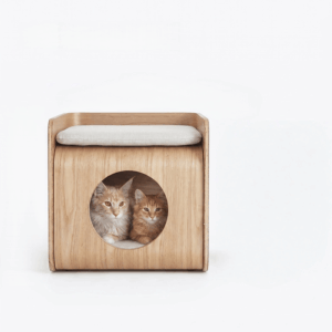 Natural oak cat house stool with circular entry cutout, beige fabric seat cushion, and two ginger cats looking out from inside on a white background