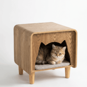 Natural oak cat nest nightstand with cat-ear entry cutout, tall tapered legs, and gray cushion, featuring a golden tabby cat resting inside on a white background