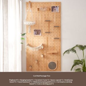Modular solid wood wall-mounted cat wall system with pegboard, scratching posts, hammock, and smart night light-685