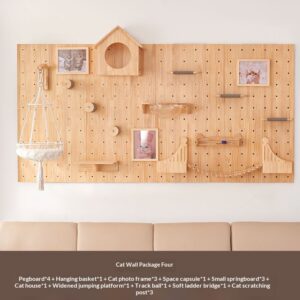 Modular solid wood wall-mounted cat wall system with pegboard, scratching posts, hammock, and smart night light-65