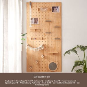 Modular solid wood wall-mounted cat wall system with pegboard, scratching posts, hammock, and smart night light-84