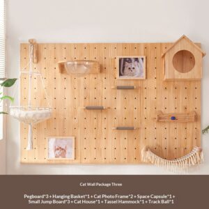 Modular solid wood wall-mounted cat wall system with pegboard, scratching posts, hammock, and smart night light-23