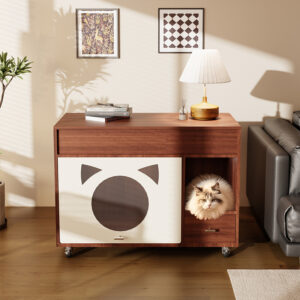 Solid wood enclosed cat litter box cabinet with storage and anti-tracking channel in walnut finish-34568