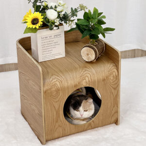 nest coffee table natural wood-Multi-functional cat nest coffee table made of solid ash wood with tree hole hideout-11-6-63
