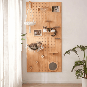 Pegboard cat wall premium set in natural pine wood with tall vertical layout, macramé hammock, acrylic bowl, sisal steps, cat-head scratching pad, and circular platforms near a window with curtains