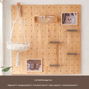 Modular solid wood wall-mounted cat wall system with pegboard, scratching posts, hammock, and smart night light-2