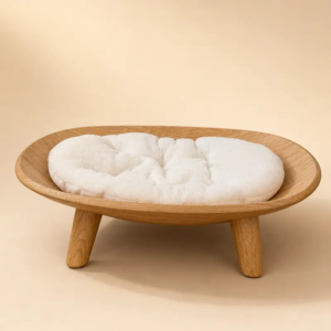 Natural solid wood cat bed for large cats on a warm beige background